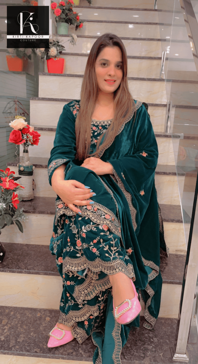 Designer Peacock Velvet Suit - Kirti Kapoor Couture