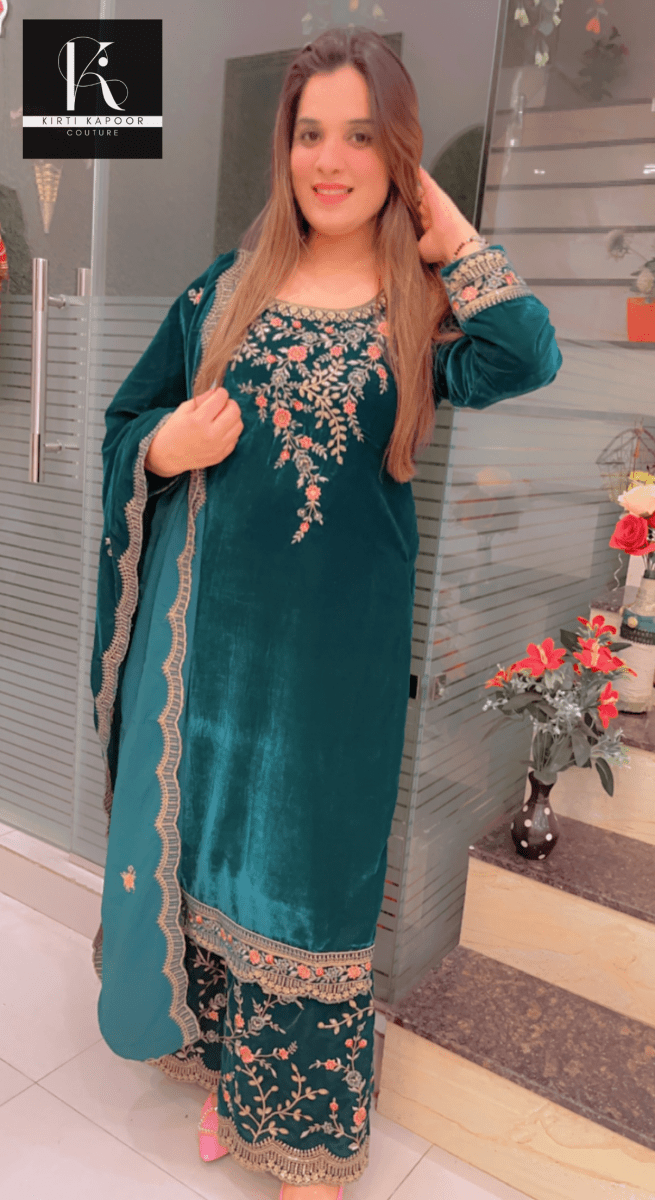 Designer Peacock Velvet Suit - Kirti Kapoor Couture