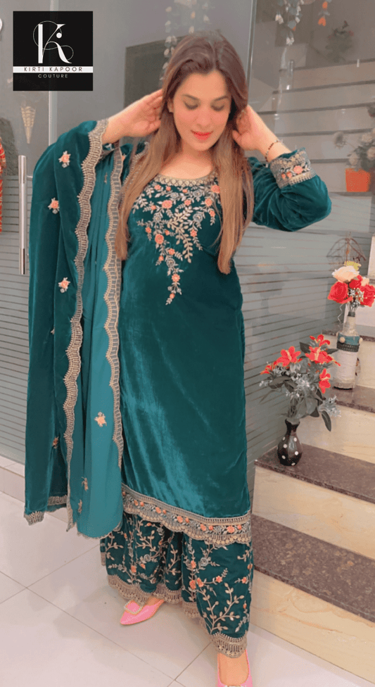 Designer Peacock Velvet Suit - Kirti Kapoor Couture