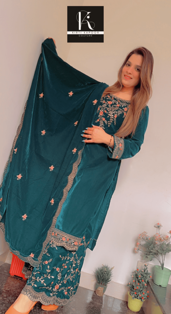 Designer Peacock Velvet Suit - Kirti Kapoor Couture