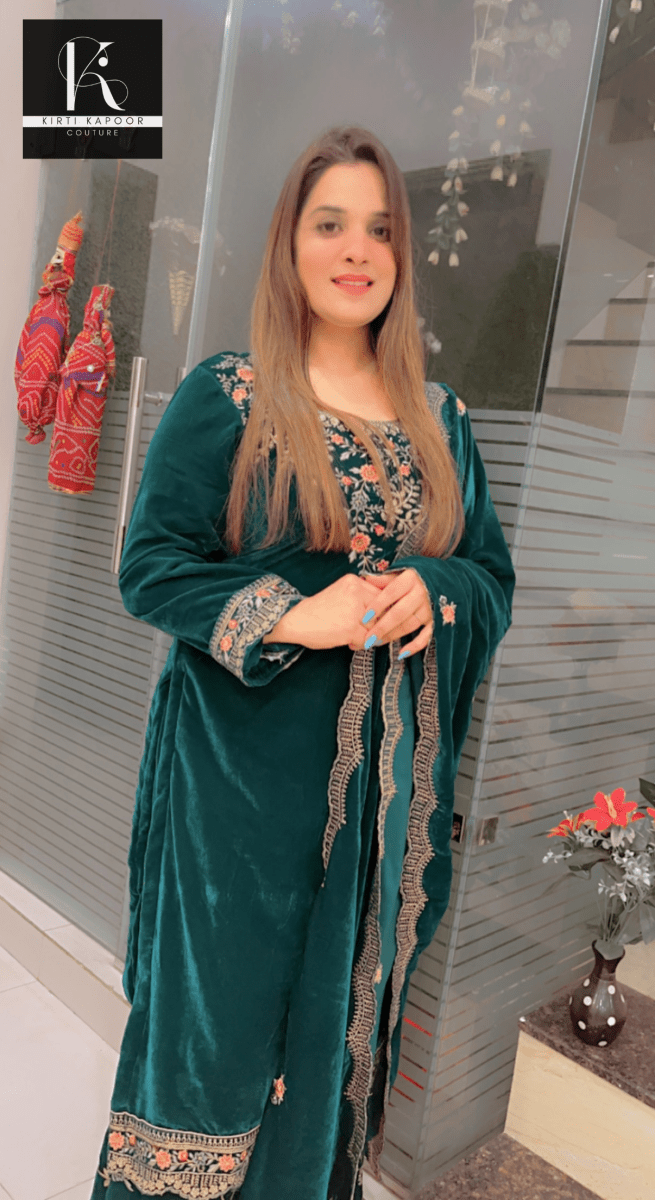 Designer Peacock Velvet Suit - Kirti Kapoor Couture