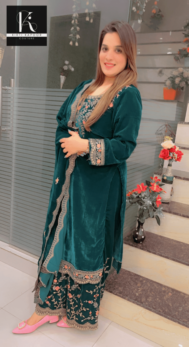 Designer Peacock Velvet Suit - Kirti Kapoor Couture