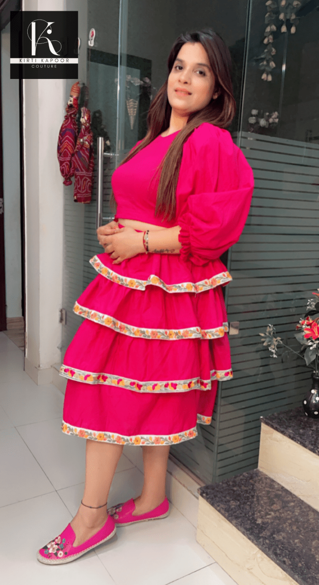 Designer Pink Crop Top with Layered Skirt - Kirti Kapoor Couture