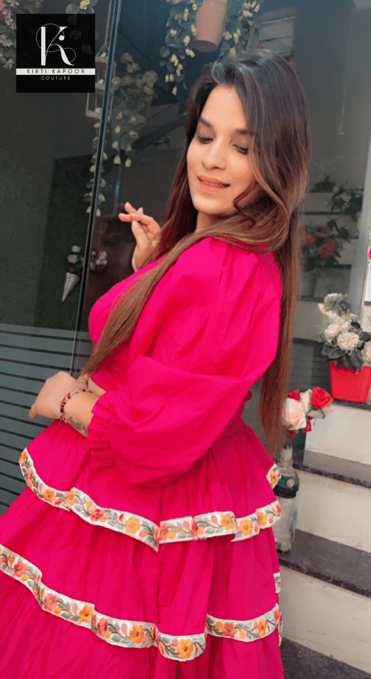 Designer Pink Crop Top with Layered Skirt - Kirti Kapoor Couture