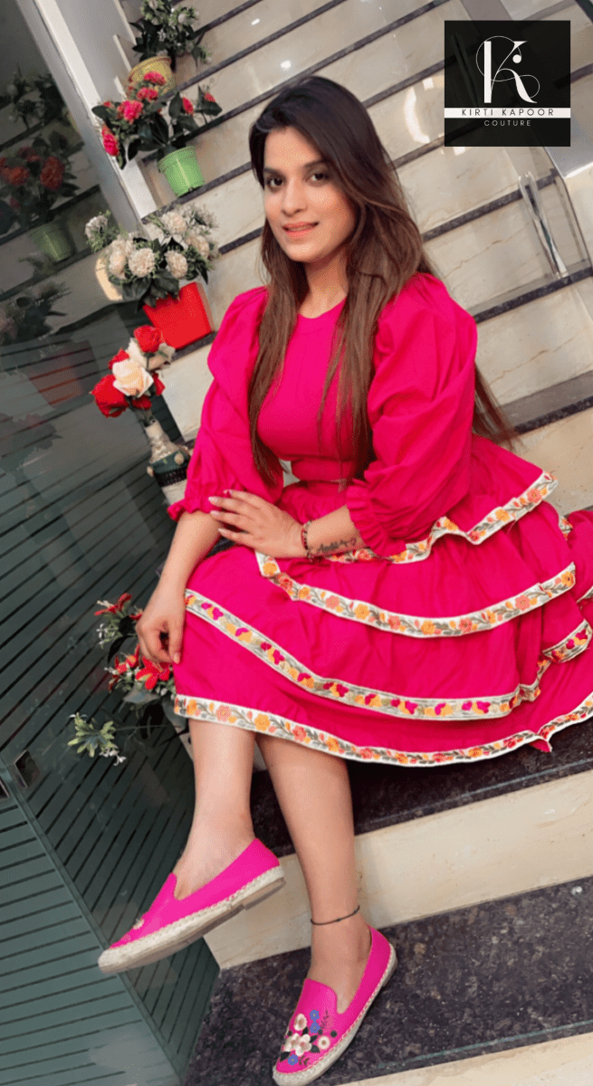 Designer Pink Crop Top with Layered Skirt - Kirti Kapoor Couture