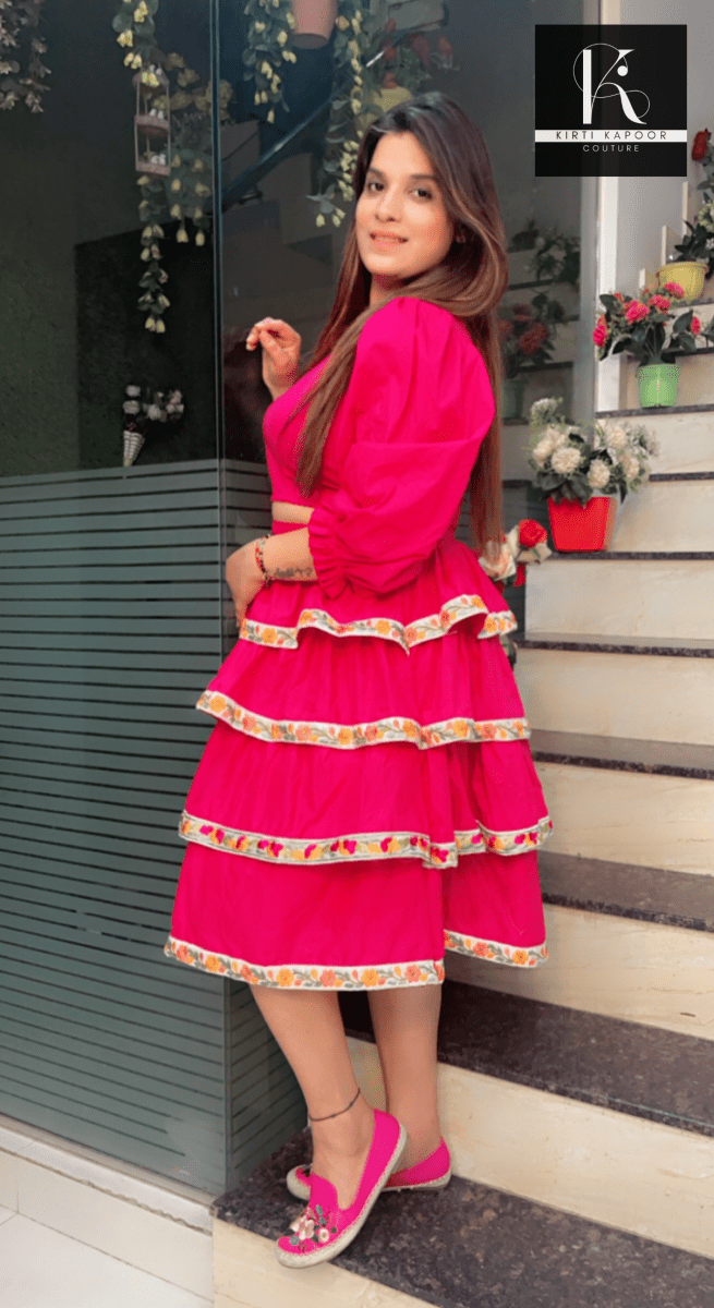 Designer Pink Crop Top with Layered Skirt - Kirti Kapoor Couture