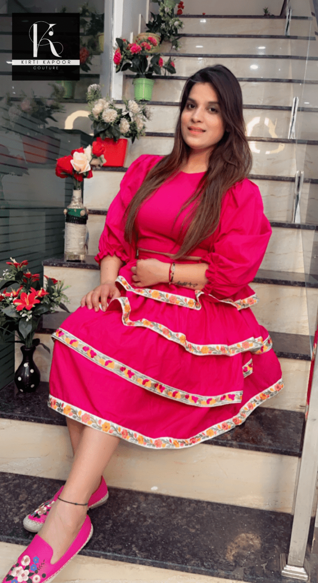 Designer Pink Crop Top with Layered Skirt - Kirti Kapoor Couture