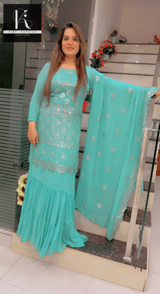 Designer Sea Green Suit With An Embroidered shirt - Kirti Kapoor Couture
