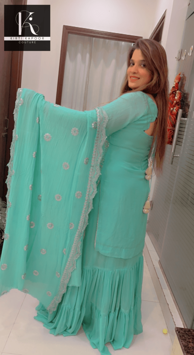 Designer Sea Green Suit With An Embroidered shirt - Kirti Kapoor Couture