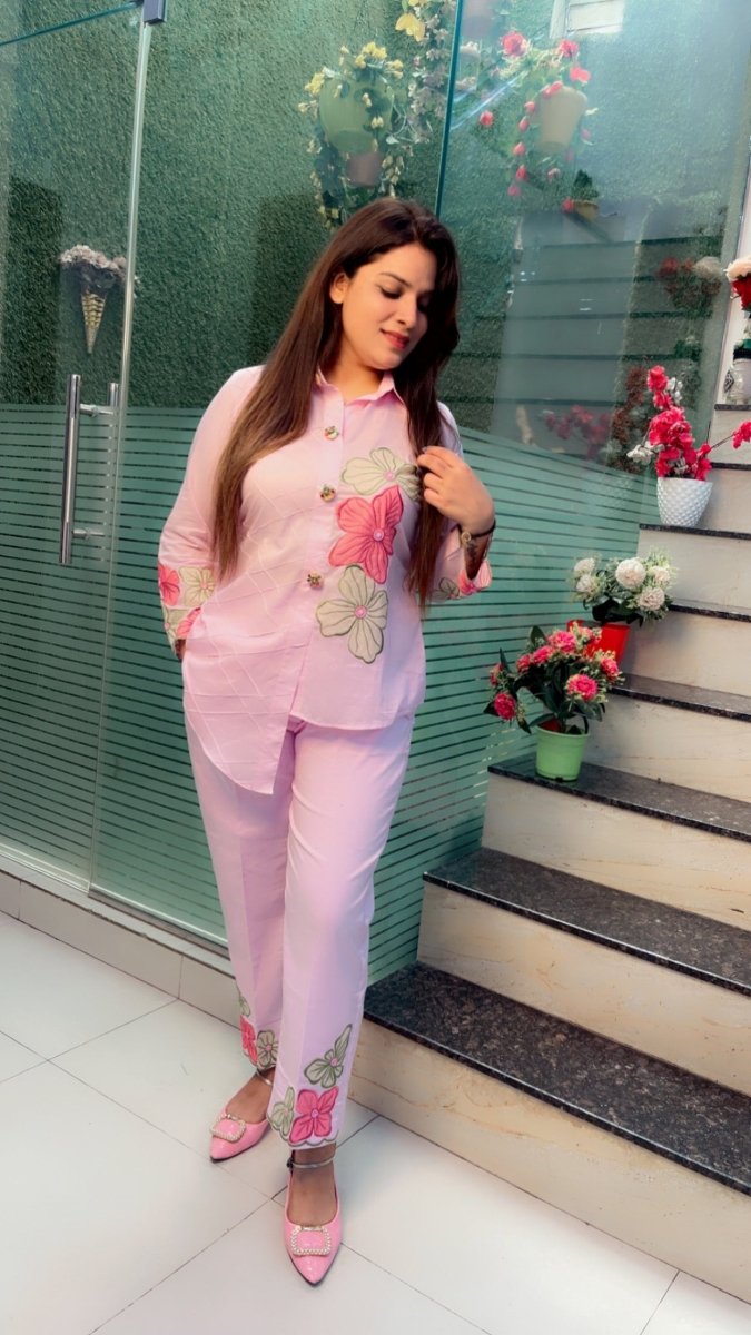 Designer Shirt Style Co - ord Set with Embroidered Patching & Pintex - Kirti Kapoor Couture