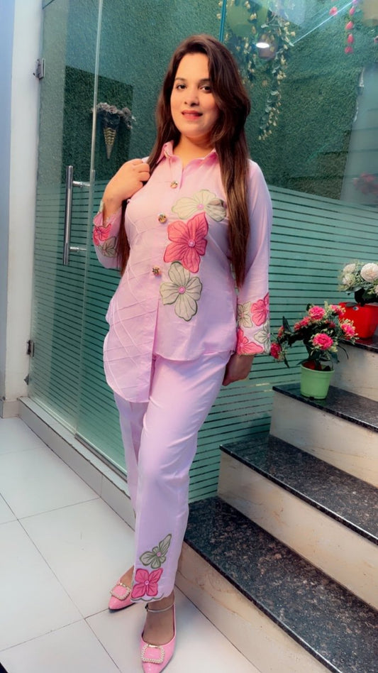 Designer Shirt Style Co - ord Set with Embroidered Patching & Pintex - Kirti Kapoor Couture