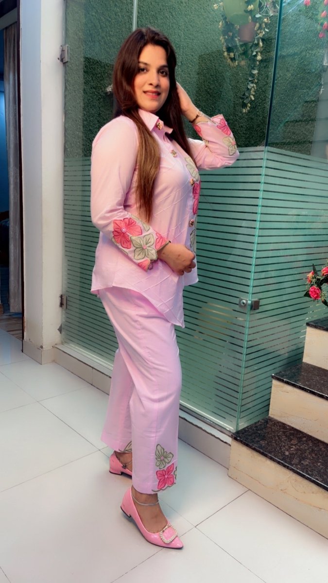 Designer Shirt Style Co - ord Set with Embroidered Patching & Pintex - Kirti Kapoor Couture