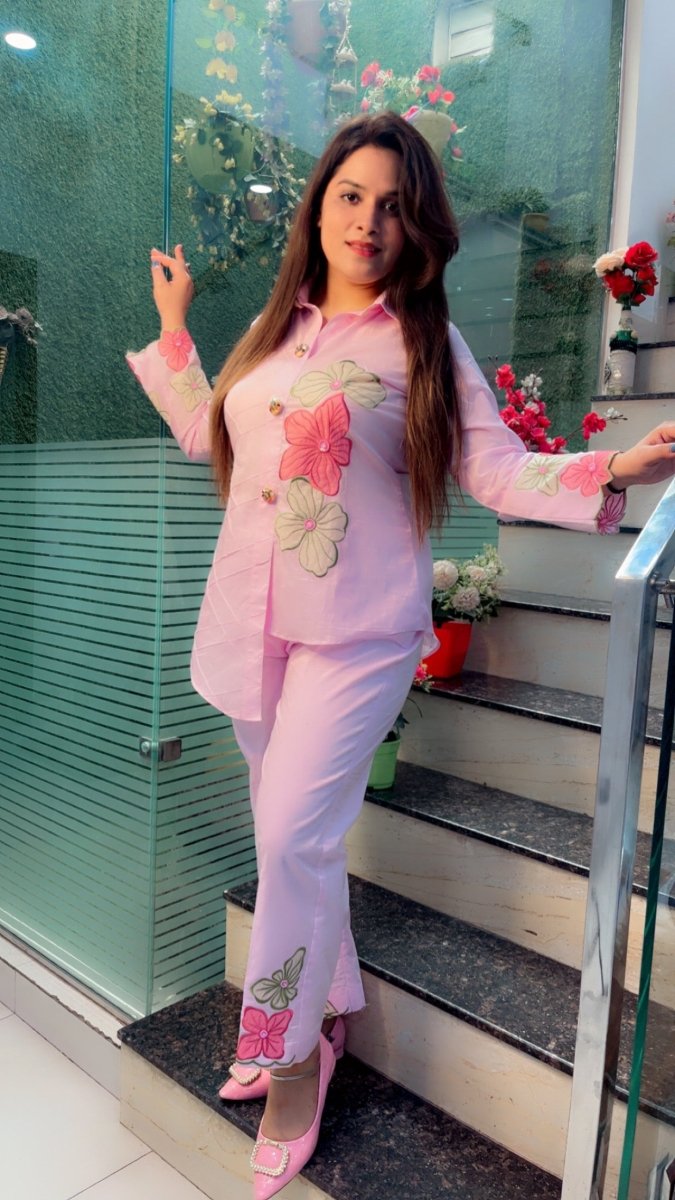 Designer Shirt Style Co - ord Set with Embroidered Patching & Pintex - Kirti Kapoor Couture