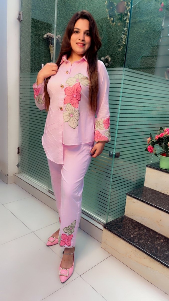 Designer Shirt Style Co - ord Set with Embroidered Patching & Pintex - Kirti Kapoor Couture