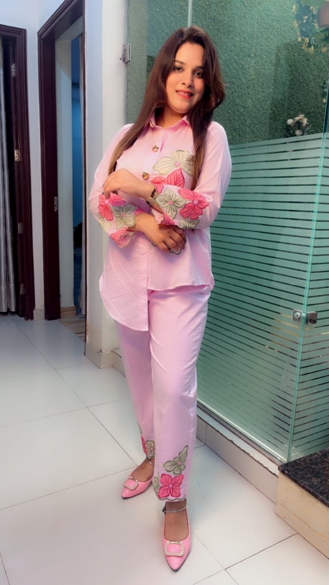 Designer Shirt Style Co - ord Set with Embroidered Patching & Pintex - Kirti Kapoor Couture