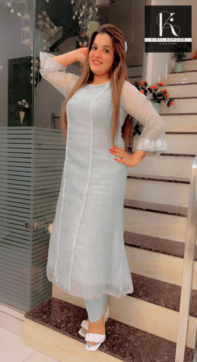 Designer Sky Blue Suit With Pearl Lace - Kirti Kapoor Couture