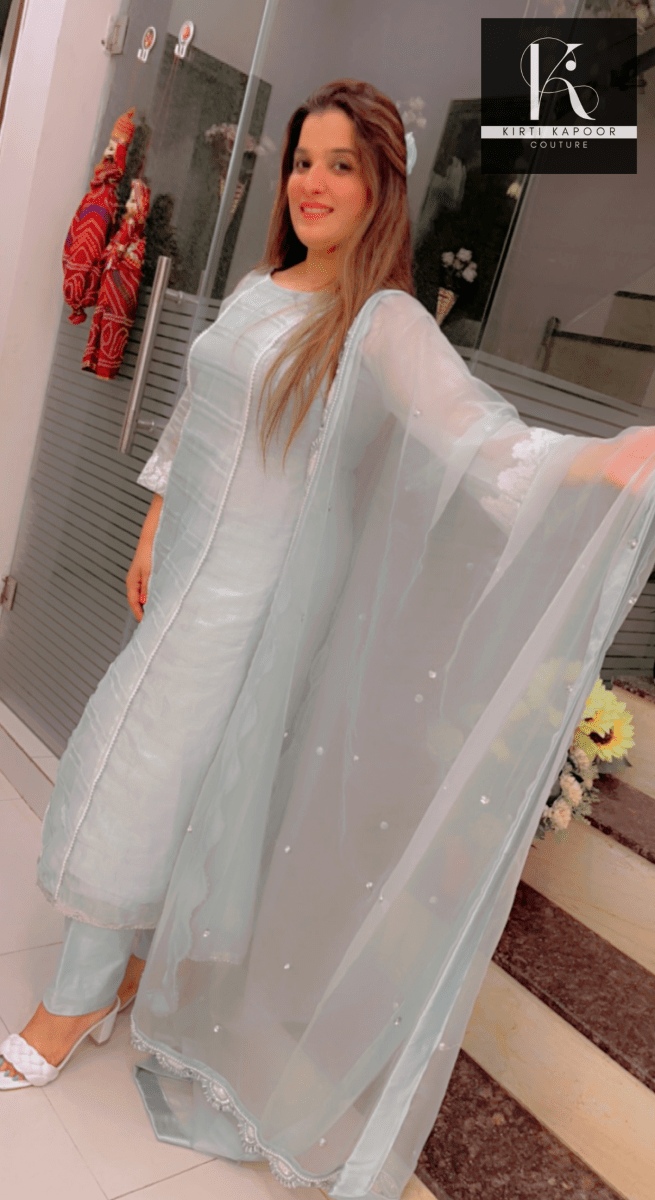 Designer Sky Blue Suit With Pearl Lace - Kirti Kapoor Couture