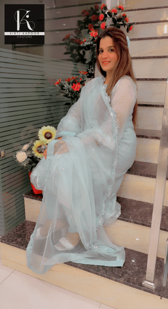 Designer Sky Blue Suit With Pearl Lace - Kirti Kapoor Couture