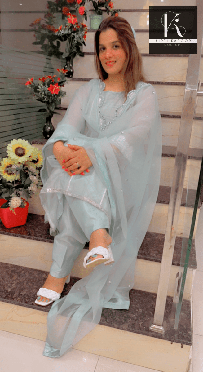 Designer Sky Blue Suit With Pearl Lace - Kirti Kapoor Couture