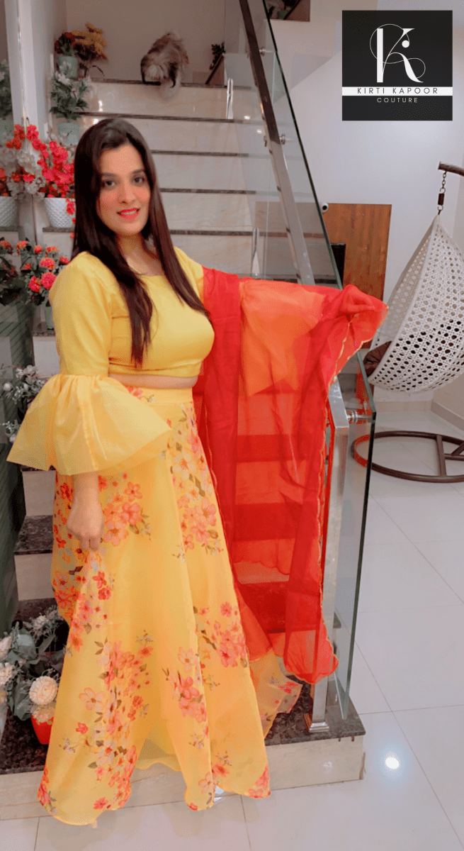 Designer Yellow Dress With Red Dupatta - Kirti Kapoor Couture