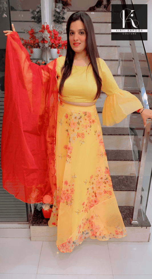 Designer Yellow Dress With Red Dupatta - Kirti Kapoor Couture