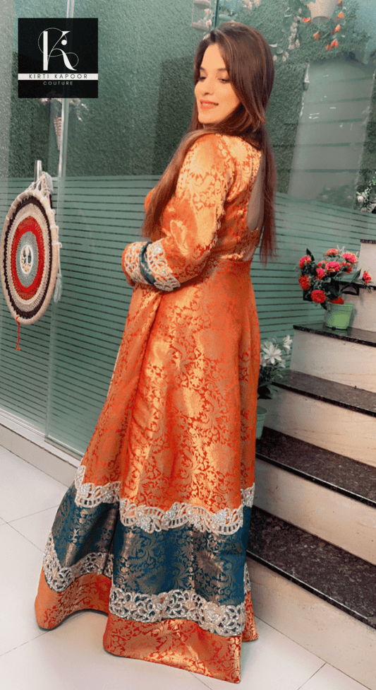Duo - Coloured Brocade Gown with Jarkan Embroidered Work - Kirti Kapoor Couture
