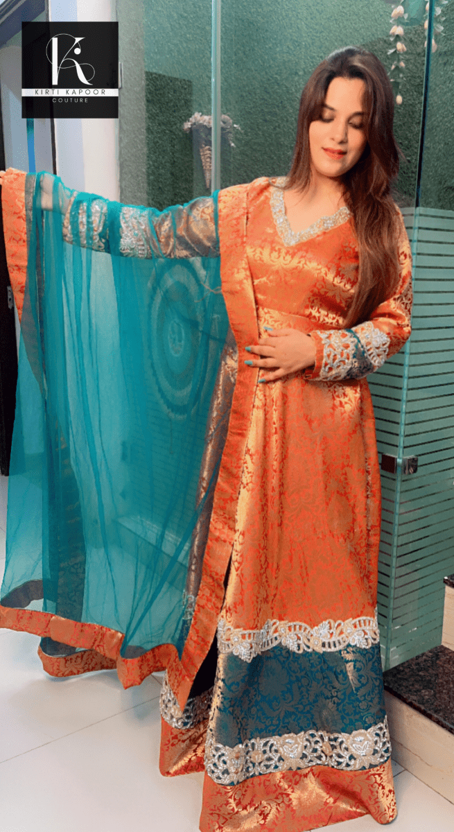 Duo - Coloured Brocade Gown with Jarkan Embroidered Work - Kirti Kapoor Couture