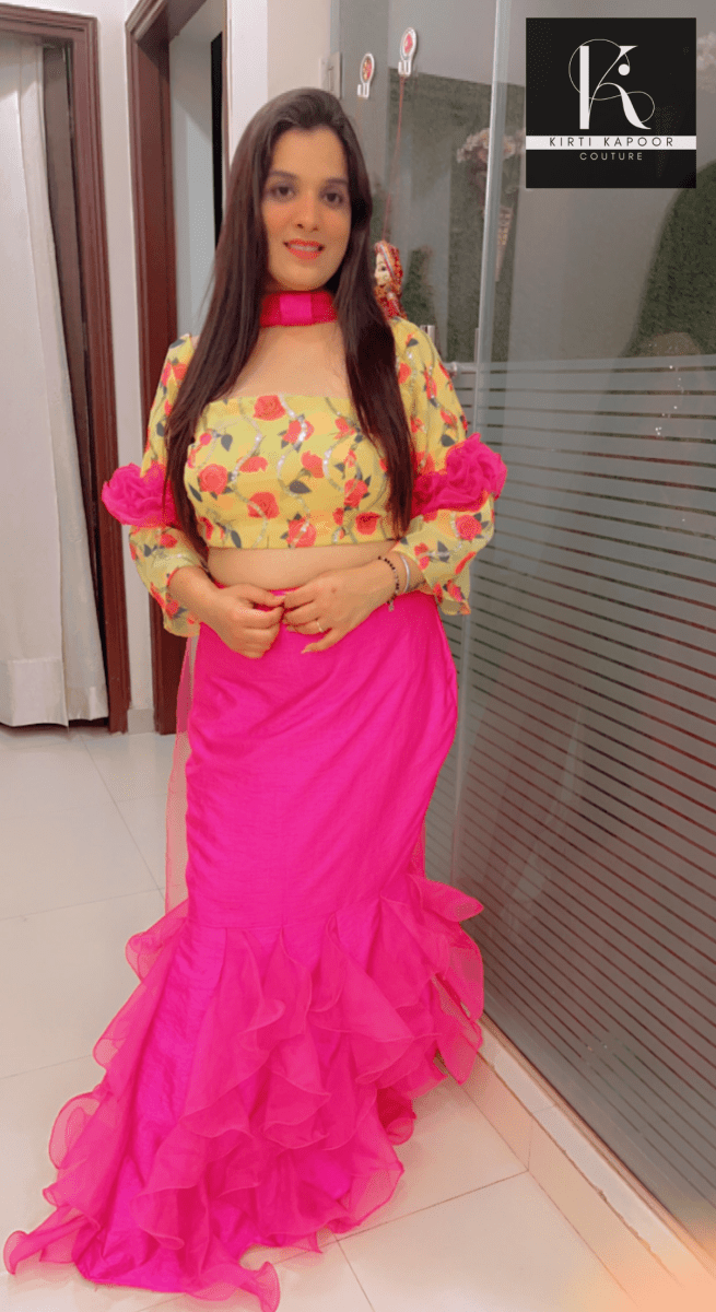 Elegant Floral Top With Frilled Pink Skirt - Kirti Kapoor Couture