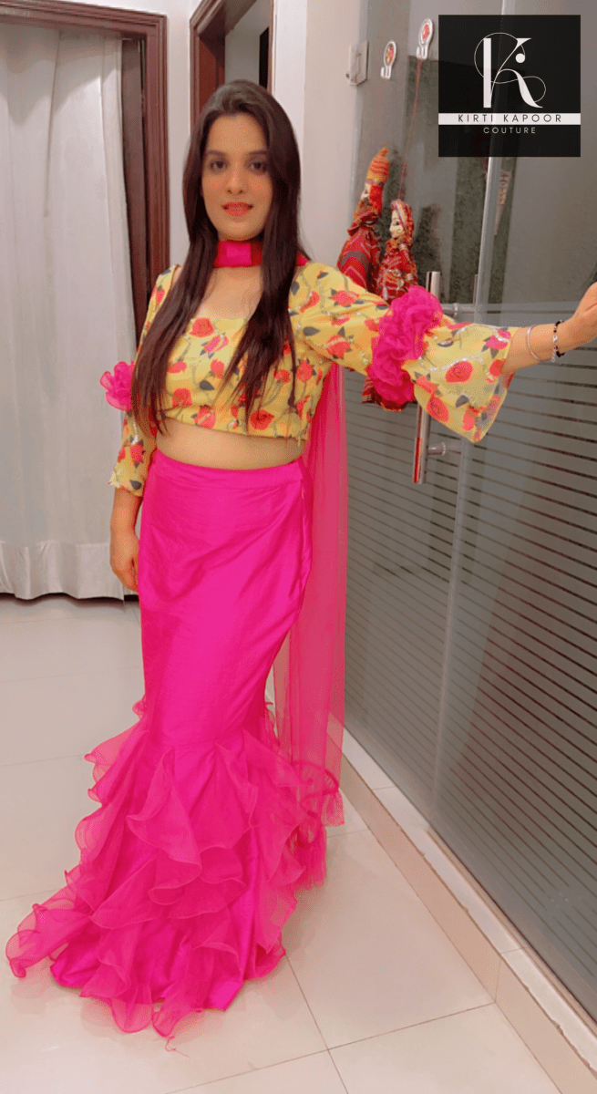 Elegant Floral Top With Frilled Pink Skirt - Kirti Kapoor Couture