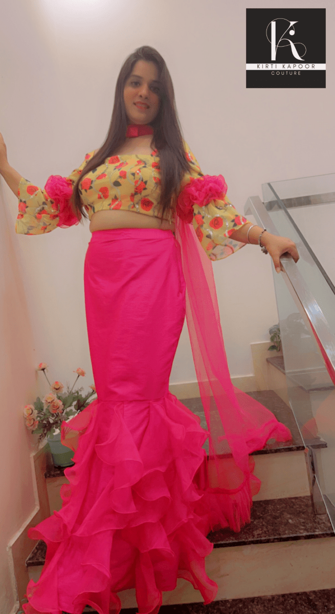 Elegant Floral Top With Frilled Pink Skirt - Kirti Kapoor Couture