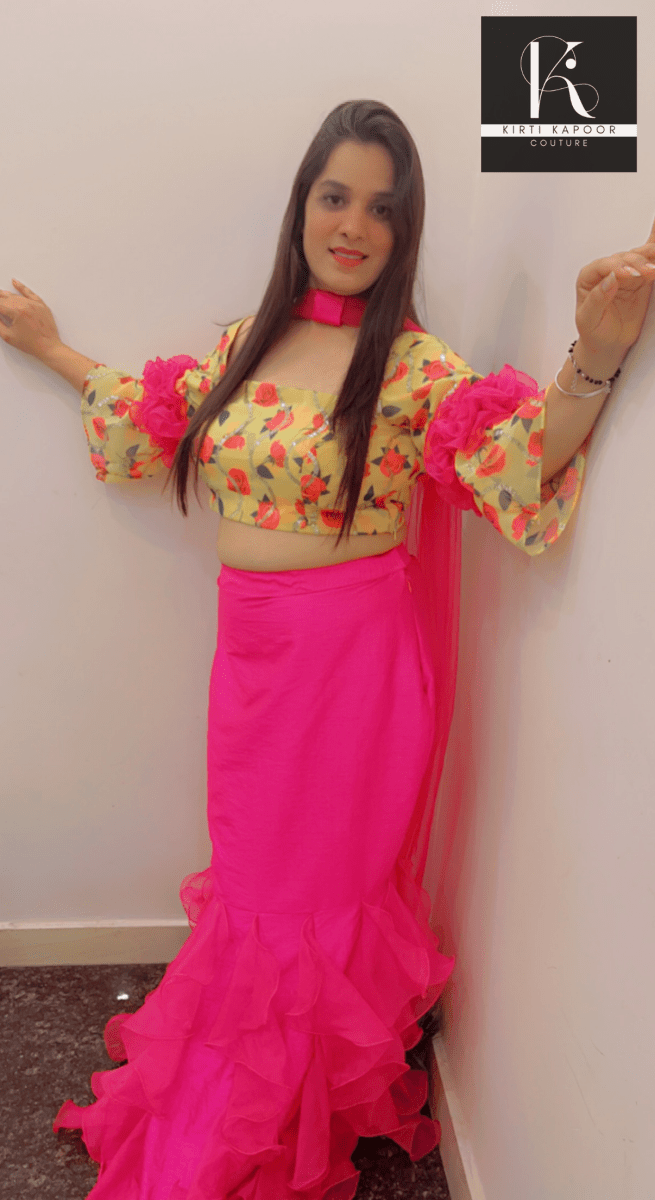 Elegant Floral Top With Frilled Pink Skirt - Kirti Kapoor Couture
