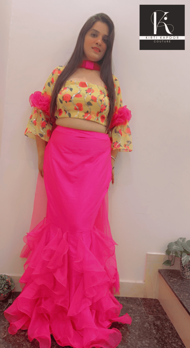 Elegant Floral Top With Frilled Pink Skirt - Kirti Kapoor Couture