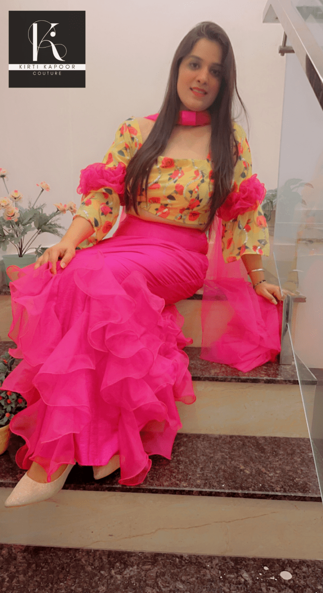 Elegant Floral Top With Frilled Pink Skirt - Kirti Kapoor Couture