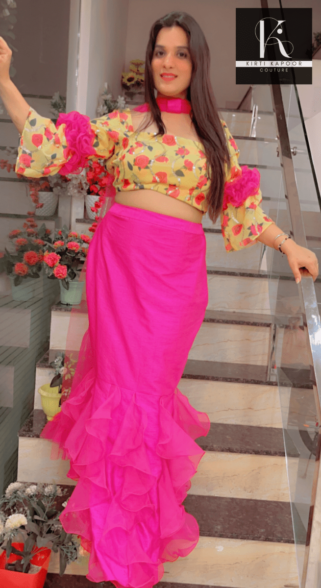 Elegant Floral Top With Frilled Pink Skirt - Kirti Kapoor Couture