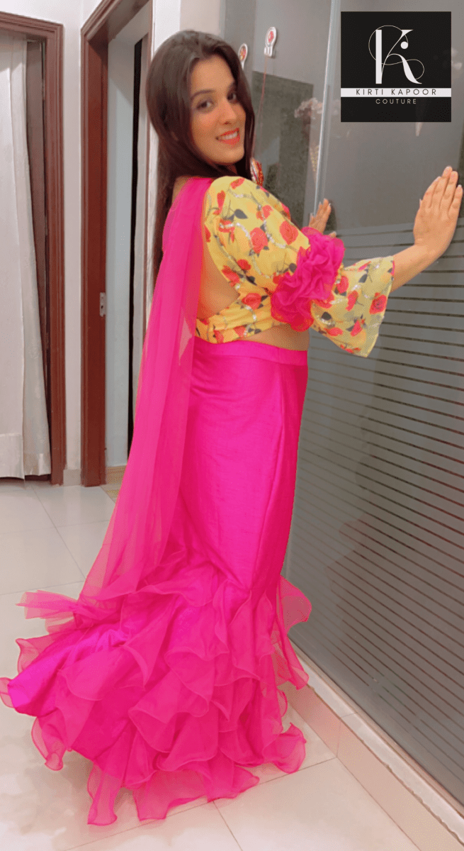 Elegant Floral Top With Frilled Pink Skirt - Kirti Kapoor Couture