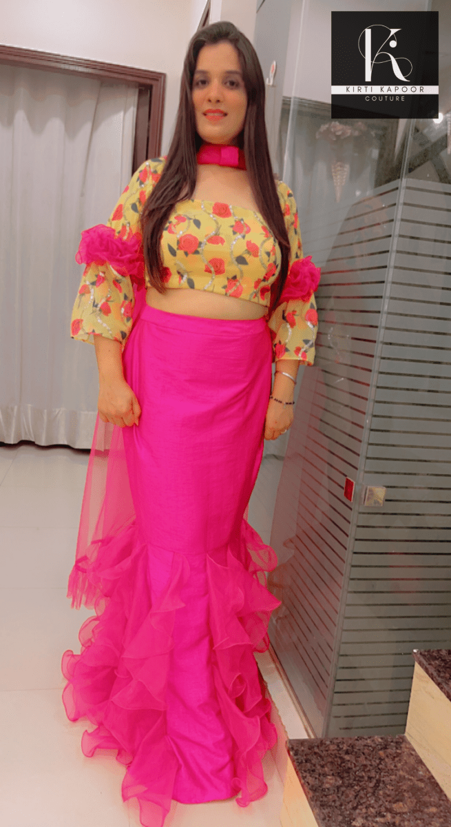 Elegant Floral Top With Frilled Pink Skirt - Kirti Kapoor Couture