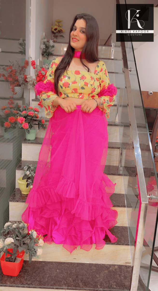 Elegant Floral Top With Frilled Pink Skirt - Kirti Kapoor Couture