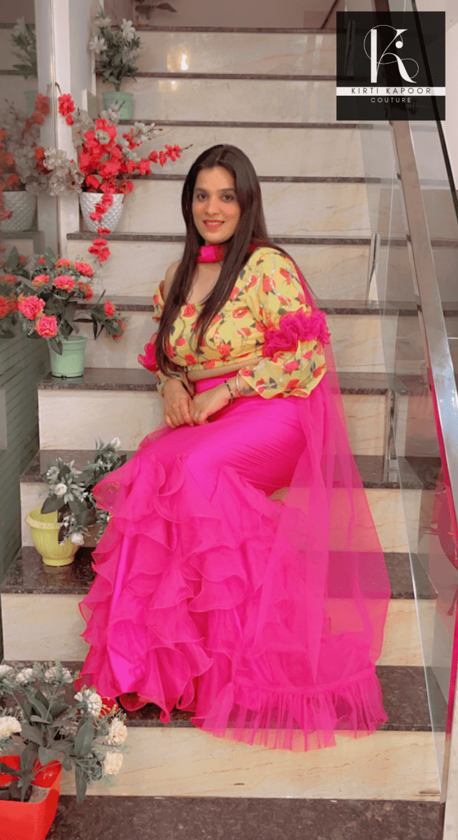 Elegant Floral Top With Frilled Pink Skirt - Kirti Kapoor Couture