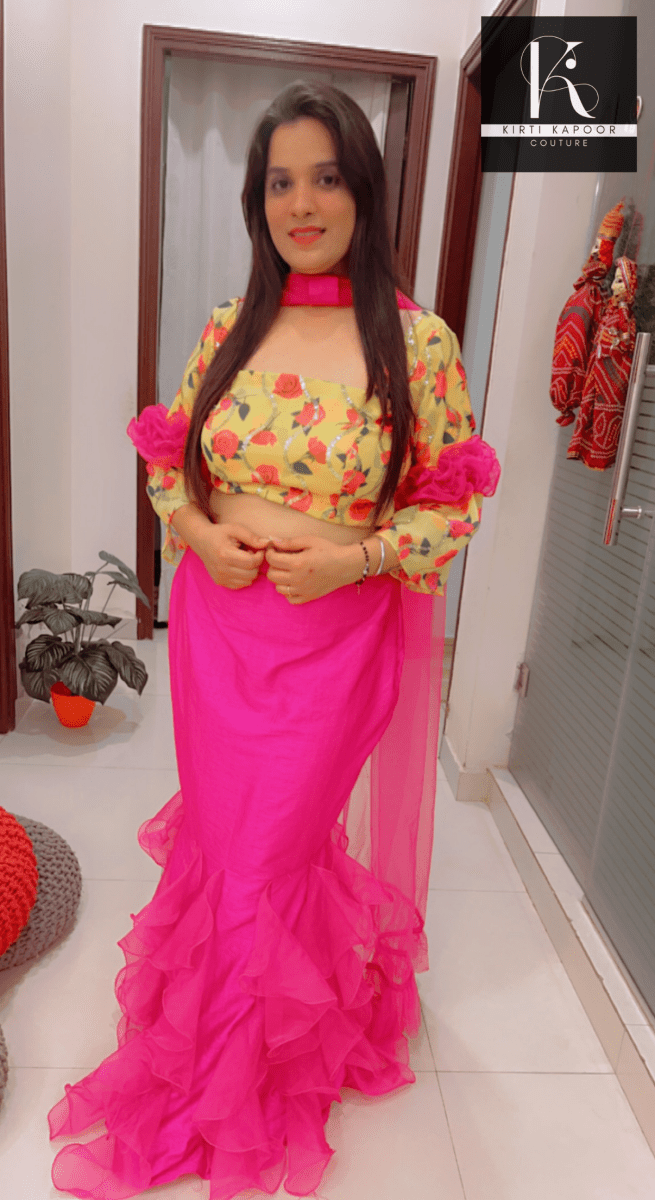 Elegant Floral Top With Frilled Pink Skirt - Kirti Kapoor Couture