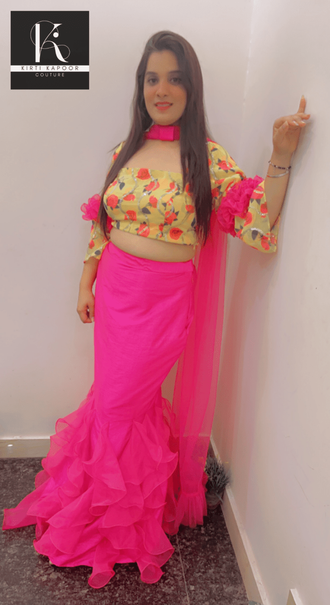 Elegant Floral Top With Frilled Pink Skirt - Kirti Kapoor Couture