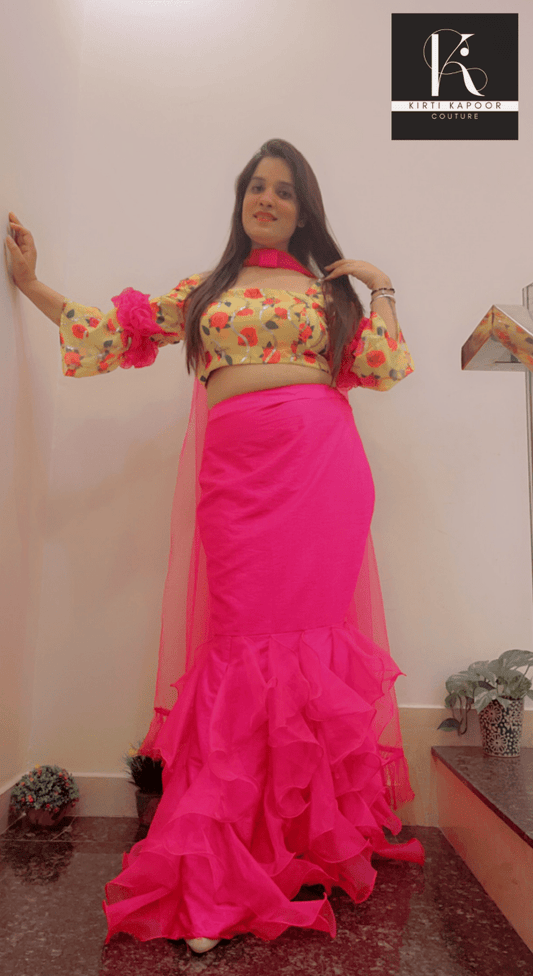 Elegant Floral Top With Frilled Pink Skirt - Kirti Kapoor Couture