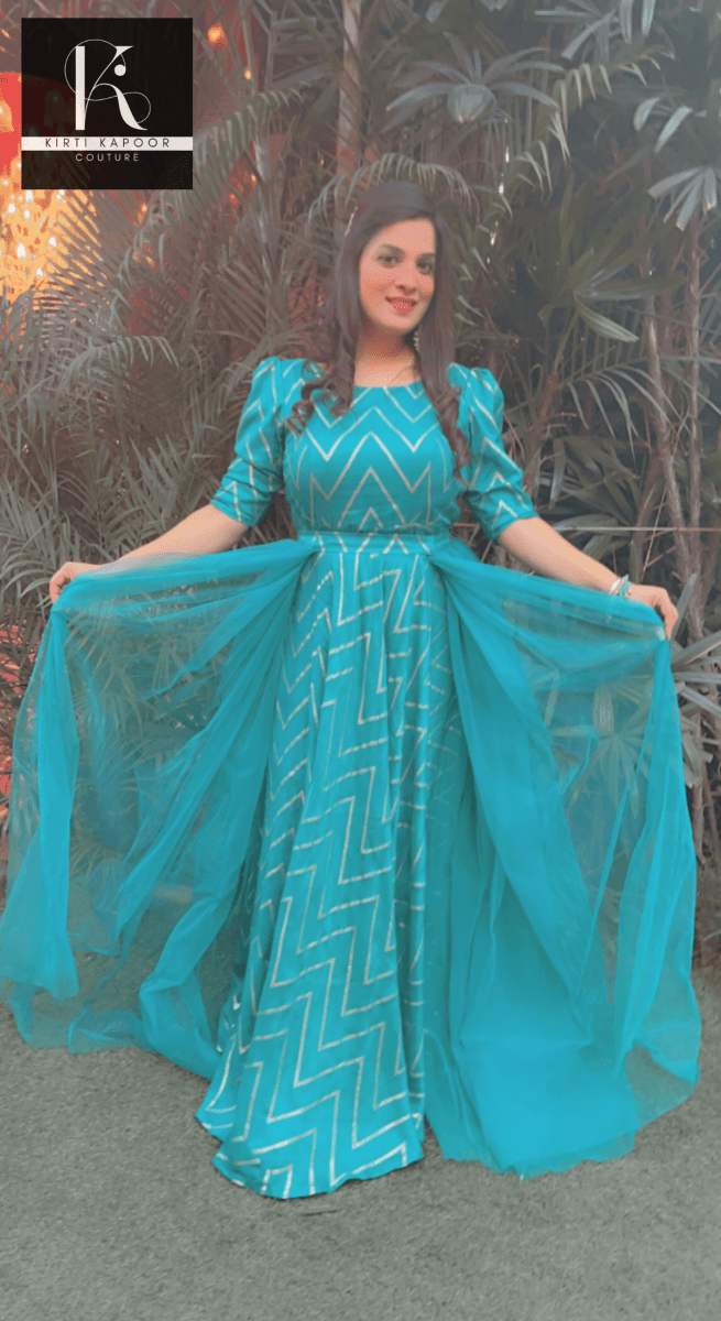 Elegant Wedding Dress - Teal Color With Gold Zig - zag - Kirti Kapoor Couture