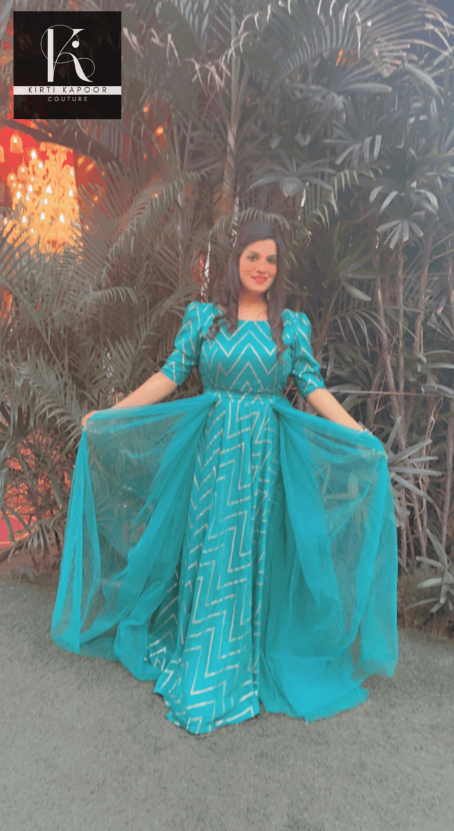 Elegant Wedding Dress - Teal Color With Gold Zig - zag - Kirti Kapoor Couture