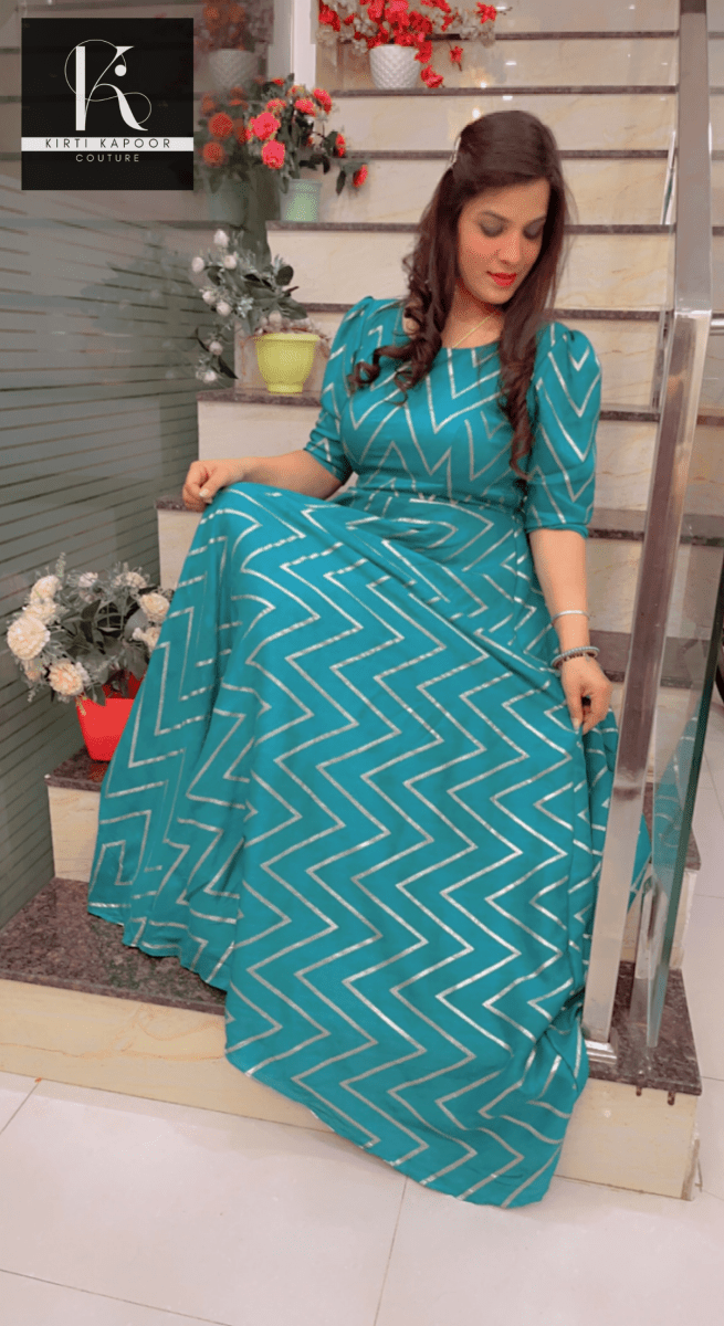 Elegant Wedding Dress - Teal Color With Gold Zig - zag - Kirti Kapoor Couture