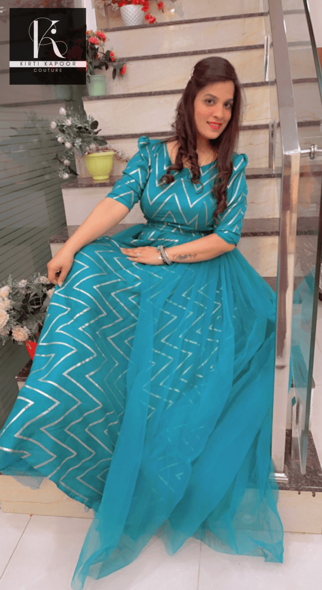 Elegant Wedding Dress - Teal Color With Gold Zig - zag - Kirti Kapoor Couture