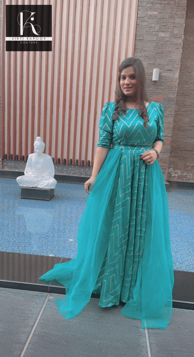 Elegant Wedding Dress - Teal Color With Gold Zig - zag - Kirti Kapoor Couture