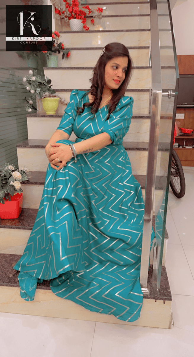 Elegant Wedding Dress - Teal Color With Gold Zig - zag - Kirti Kapoor Couture
