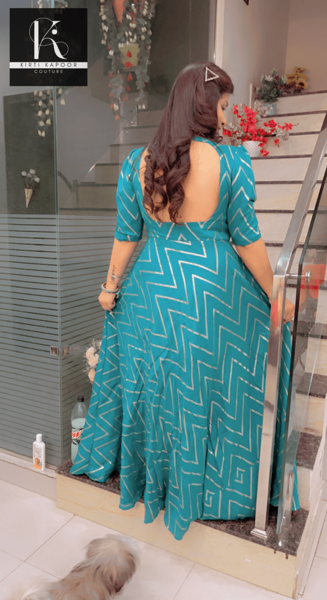 Elegant Wedding Dress - Teal Color With Gold Zig - zag - Kirti Kapoor Couture
