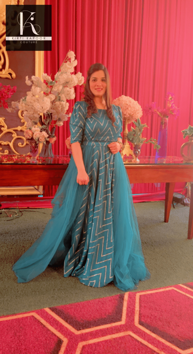 Elegant Wedding Dress - Teal Color With Gold Zig - zag - Kirti Kapoor Couture