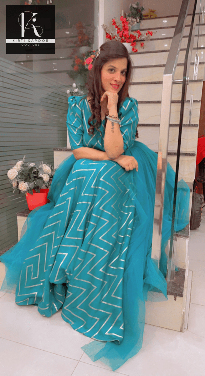 Elegant Wedding Dress - Teal Color With Gold Zig - zag - Kirti Kapoor Couture
